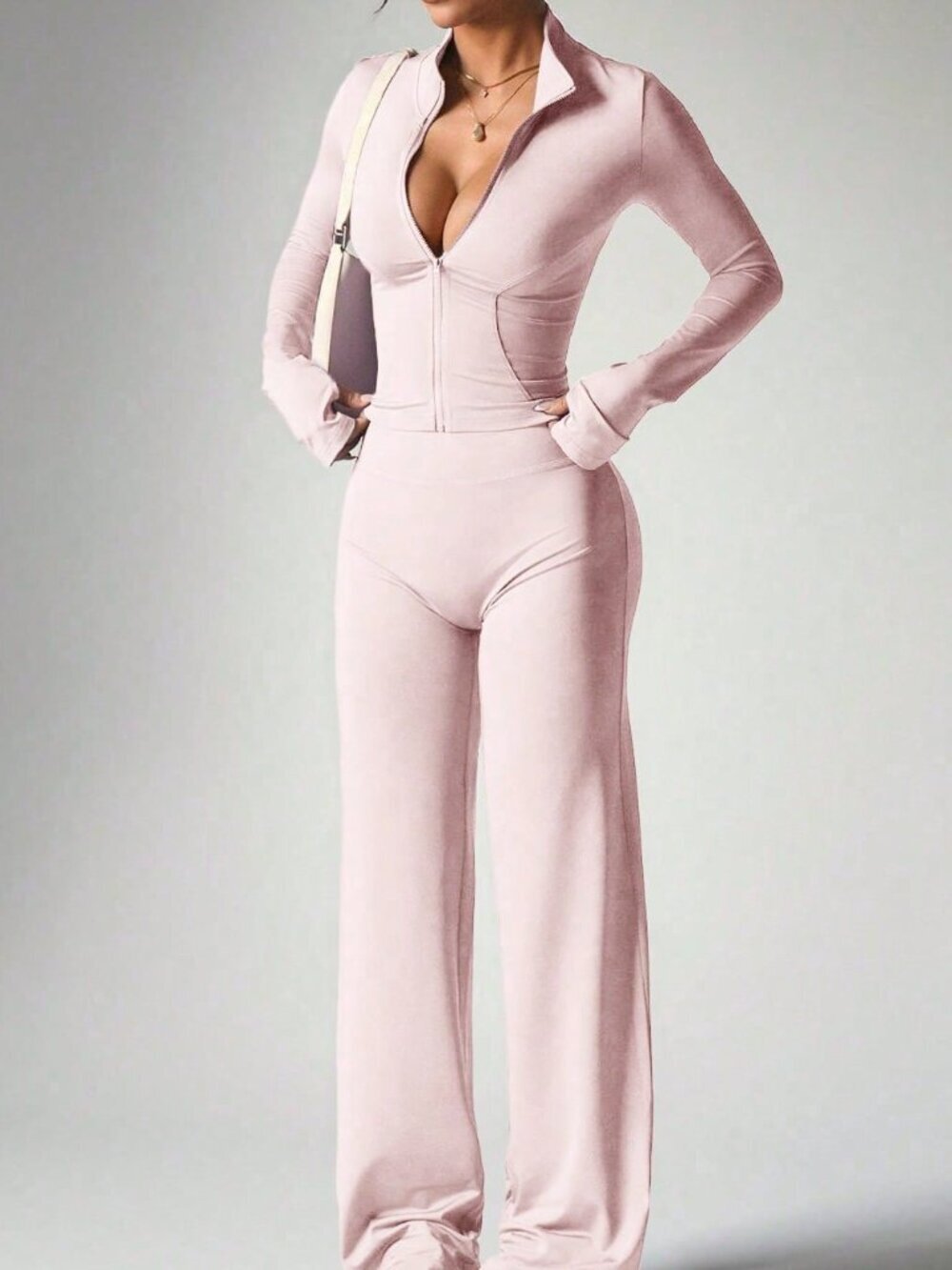 Pink Casual Women's Zipper Long Sleeve Top + Loose Wide Leg Pants Yoga Outfit